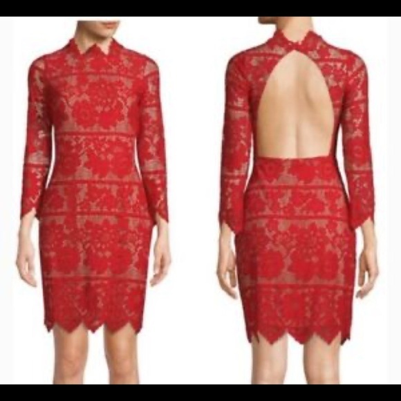For Love And Lemons Dresses & Skirts - For Love & Lemons Rosetta Open Back Long Sleeve Red Lace High Neck